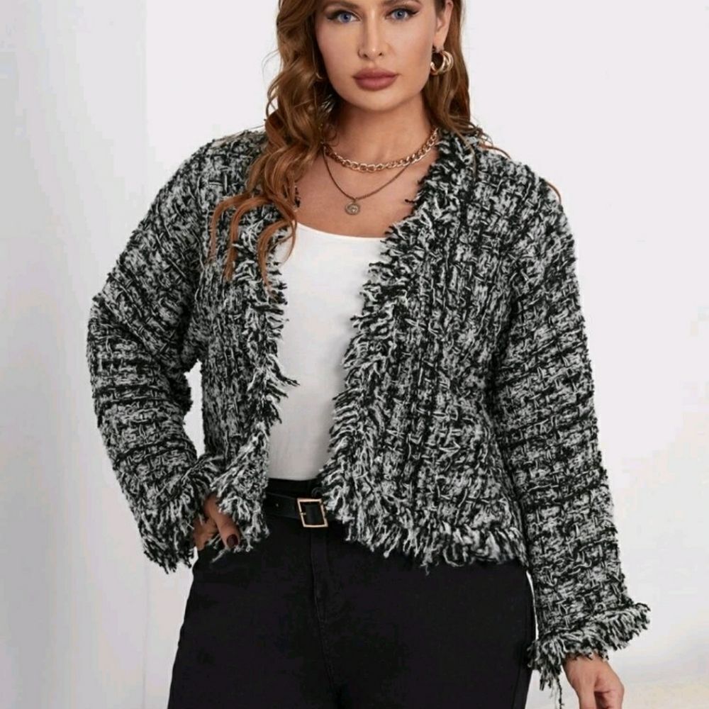 Plus Plaid Pattern Distressed Drop Shoulder Cardigan